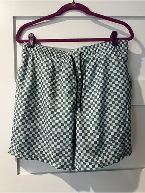 Men's Checkerboard Swim Trunks in Green and White